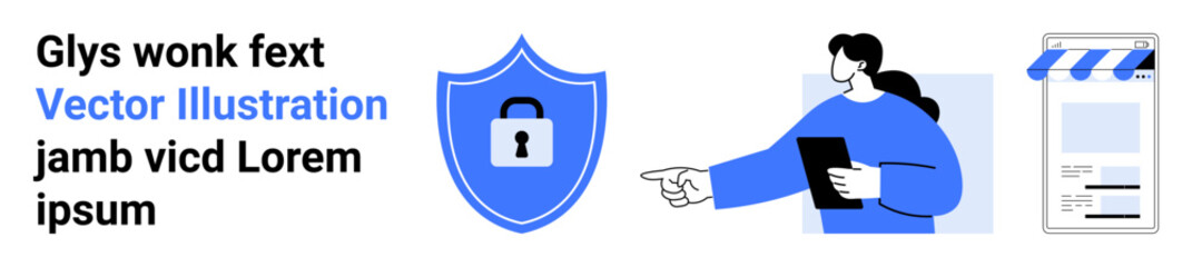 Obraz premium Cybersecurity, data privacy, online shopping, digital protection, authentication, e-commerce. Lock icon on shield with a person holding a tablet pointing at a storefront. Cybersecurity and data