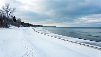 Snow Covered Beach Landscape With Calm Ocean Under Cloudy Sky In Winter
