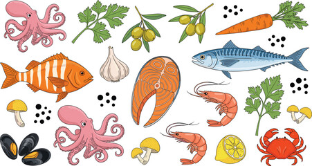 Hand-drawn vector collection of fresh seafood, healthy vegetables, and cooking ingredients like salmon, octopus, shrimp, mussels, and herbs for restaurant menu design