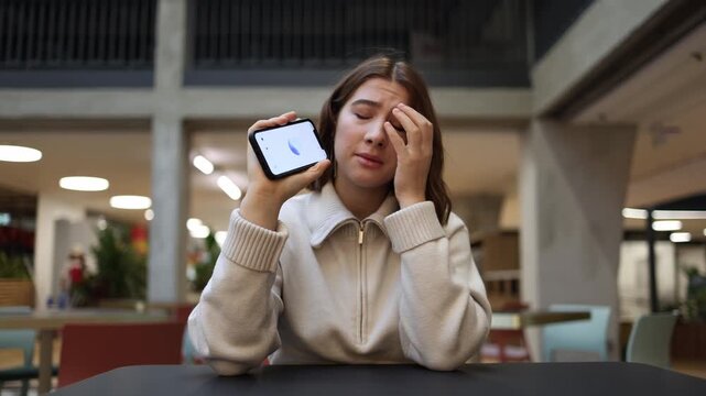 Artificial intelligence replaces a close friend as young female student shares personal problems holding phone and seeking understanding comfort and emotional support