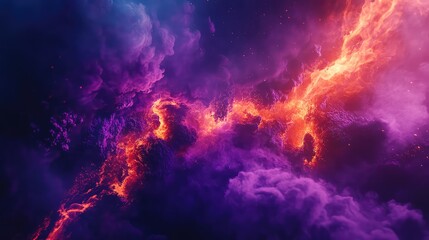 Obraz premium Cosmic nebula presenting an abstract background of swirling purple and orange gas clouds, radiating immense energy and stellar dust, perfectly capturing the grandeur of the universe