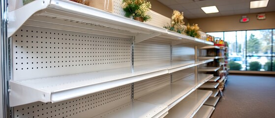 Obraz premium Empty white grocery store shelf with metal wire creates a minimalistic scene against a bright background, showcasing a lack of products