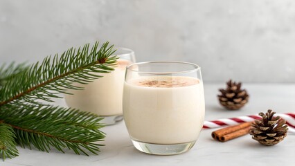 Two Glasses of Creamy Eggnog Sprinkled With Cinnamon Garnished With Pine Needles and Pinecones And Candy Cane On Grey Surface