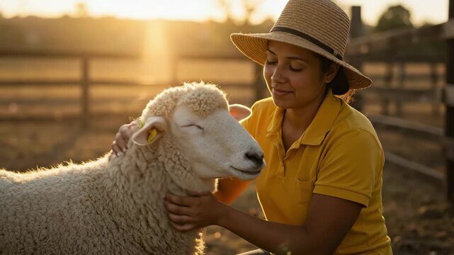 Woman petting a sheep on a farm at sunset. A female farmer showing care and affection for a farm animal in the golden hour light