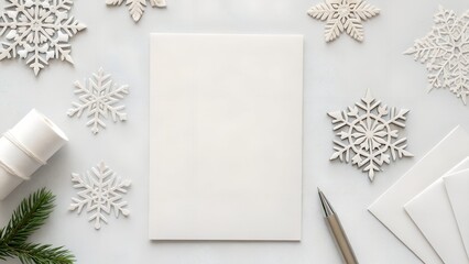 White Blank Card Surrounded By White Snowflakes And Fir Branches With A Pen On A Light Grey Surface
