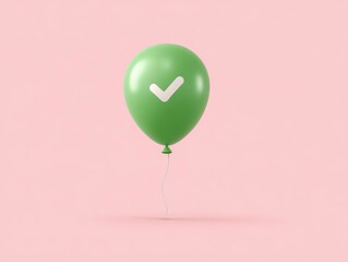 3D-rendered green balloon floating against a pastel pink background, featuring a white check mark icon. Its string gently curves downward