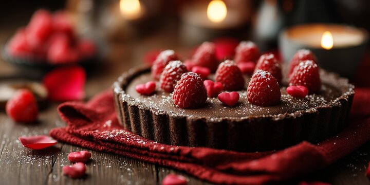 A chocolate tart with raspberries and tiny sugar hearts, laid on red linen and scattered rose petals. Soft blurred candles glow behind the romantic dessert. - Powered by Adobe
