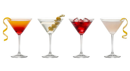Four Classic Cocktails in Martini Glasses Isolated on transparent background