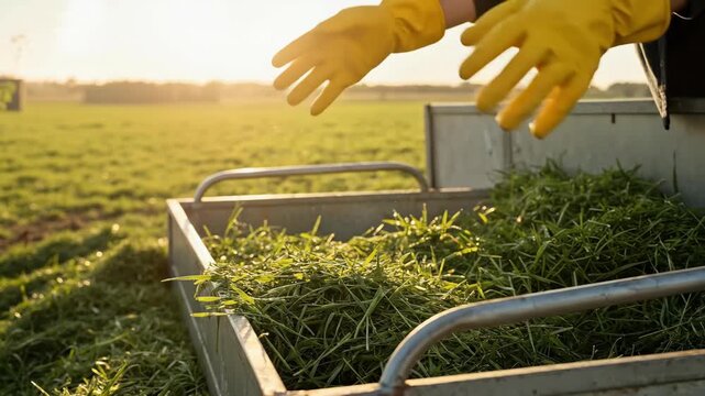 Close-up of farmer hands in yellow gloves dropping fresh green grass into a metal container. Agricultural worker feeding livestock in a field at sunset. Farming and harvesting concept