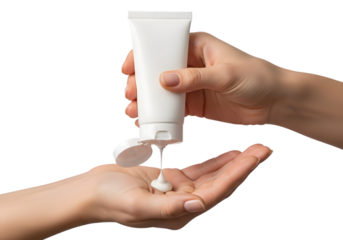 Hand Applying Lotion from Tube for Skin Care Routine Isolated on transparent background