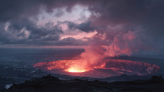 A dramatic view of an erupting volcano with red lava and dark clouds