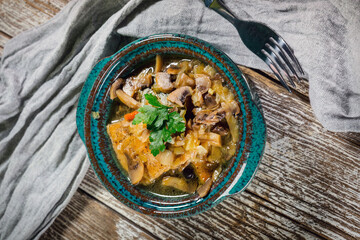 Stewed pork loin with mushrooms.