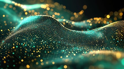 Abstract digital waves composed of glowing teal and gold particles connect in a dynamic grid, representing data flow, technology, and interconnectedness in a futuristic landscape
