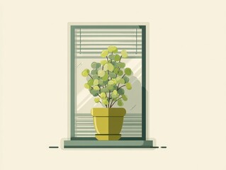 A cartoon illustration of a houseplant inside a pot, sitting on a window sill with blinds and window frame behind it