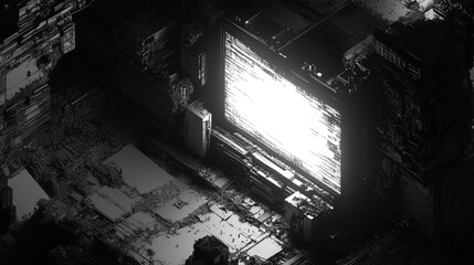 Abstract futuristic city structure featuring a large glowing screen with digital glitch effects, conveying themes of advanced technology, data processing, and complex artificial intelligence systems