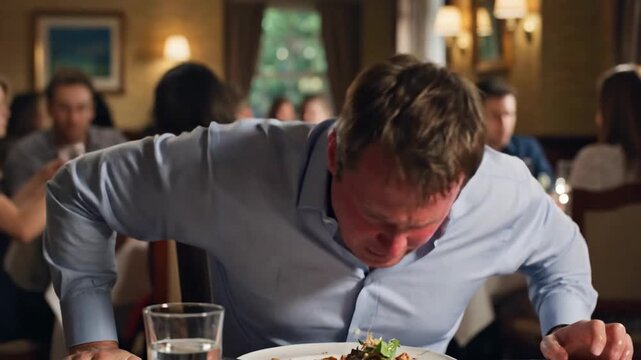 Man Choking at Restaurant - A Dramatic Scene of Distress and Urgency.