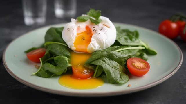Pochiertes Ei auf Spinatsalat