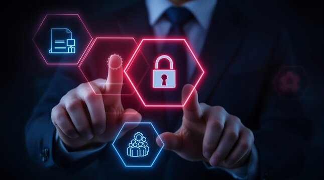 Businessman interacting with digital security icons on futuristic interface - Powered by Adobe