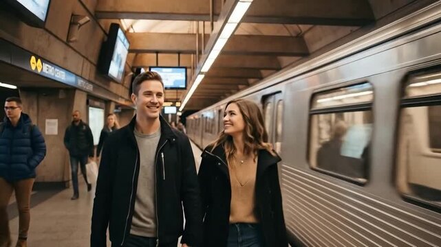 A couple holds hands walking on a subway platform next to a train.