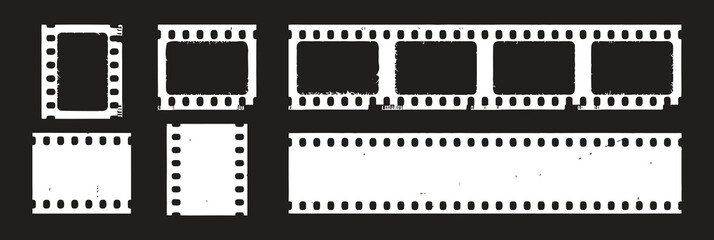 Film strip frame collection in classic cinema style. Blank movie reel borders and perforated frames for video and photography themes. Perfect vector elements for filmmaking, editing, posters, 