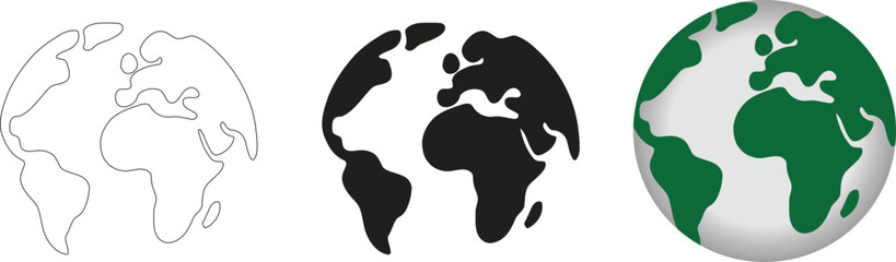 Earth globe icon set showing outline and solid styles. Minimal world map symbols representing global geography and environment themes. Ideal vector elements for education, travel, sustainability, and 