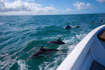 Fototapeta premium A stunning view of dolphins swimming alongside a boat in vibrant turquoise waters, showcasing their agility and grace in a beautiful marine environment.