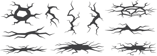 Cracked ground and lightning fracture silhouette set in dramatic style. Jagged earth splits and broken surface shapes for intense visual effects. Ideal vector elements for disaster themes, textures, 