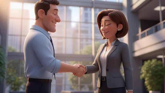 Animated characters shaking hands deal agreement partnership