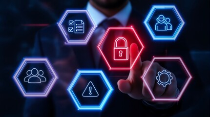 Businessman interacting with digital security icons on futuristic interface
