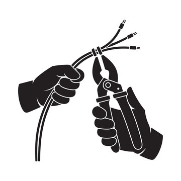 Hands using pliers to cut or strip a black electrical cable