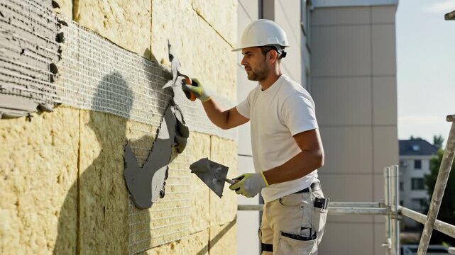 Construction worker plastering an insulated building facade. Man applying mortar over thermal insulation and mesh. Home renovation concept
