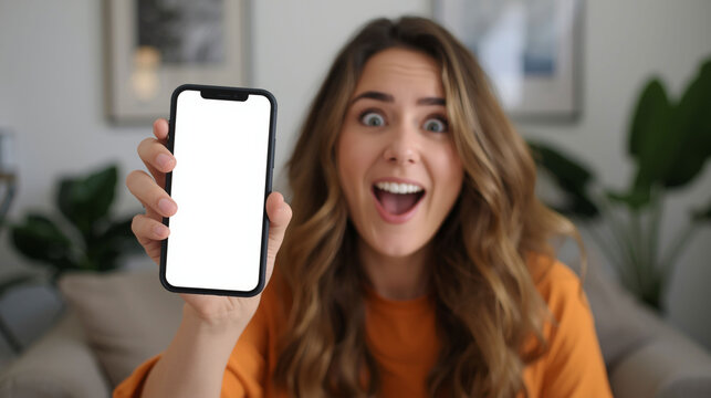 Excited woman holding smartphone with blank screen in cozy room showing surprise and announcement concept