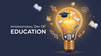 Bright lightbulb with educational symbols celebrating International Day of Education