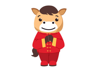 Friendly cartoon horse character in red traditional attire folded hands with welcoming expression for Chinese New Year celebration concept