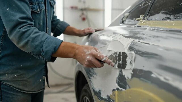 Mechanic applying body filler to a car panel. Auto body technician repairing vehicle dent with putty knife in a workshop. Car restoration and maintenance concept