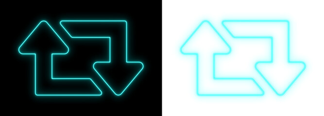 Cyan neon upload and download arrows glowing on black and transparent backgrounds, bright data transfer outline icon for technology and UI design