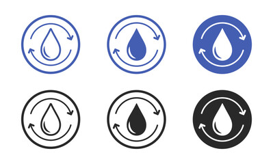 Water Reuse and Recycling Icon Set with Eco Droplet, Refill and Conservation Symbols, Flat Vector Illustration on Transparent Background