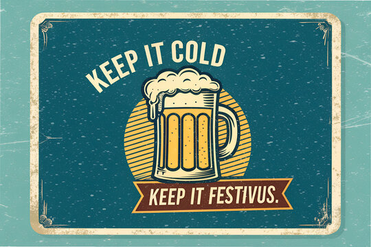 Retro Festivus Beer Sign: Frosty Mug with Overflowing Foam and Teal Background Celebrates Humor and Cold Cheer.   Generative ai