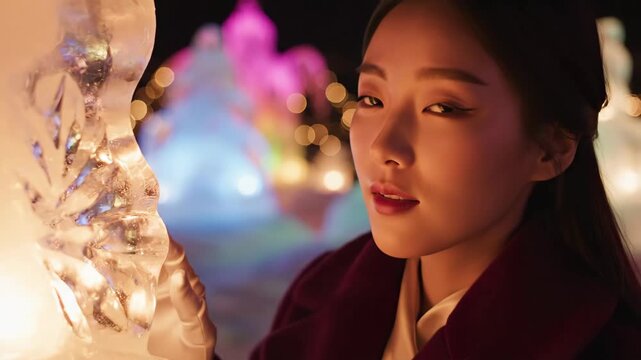 Young Asian woman softly illuminated by warm light, standing next to abstract ice sculpture with colorful lights in background.