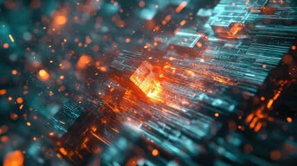 Digital information visualizing as glowing geometric blocks and fast moving particles, creating an abstract representation of data processing, network communication, and technology