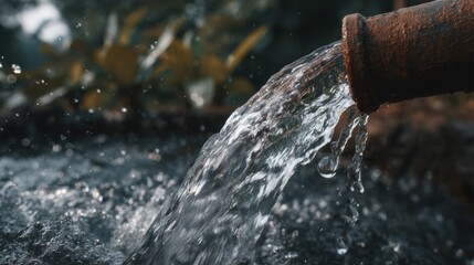Water streams out of a rusty pipe and splashes into a serene pond. The area is lush with plants creating a tranquil atmosphere in nature.