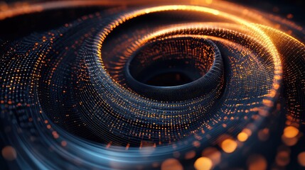 Abstract digital network composed of glowing dots and lines creating a dynamic, spiraling vortex, representing concepts like big data, information flow, and advanced technology
