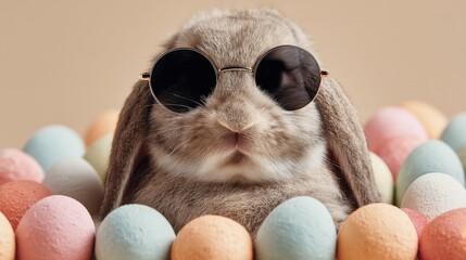 A fluffy rabbit is sitting among pastel colored Easter eggs wearing stylish sunglasses. The scene captures the joyful essence of spring festivities and Easter celebrations.
