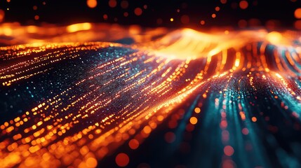 Flowing streams of glowing orange and teal particles creating an abstract digital representation of big data processing and network communication on a dark background, depicting advanced technology
