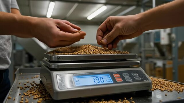 Close-up of hands weighing and examining wheat or barley grains on a digital scale. Quality control process in a brewery or grain laboratory. Agricultural ingredient analysis