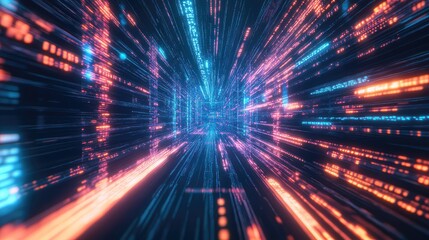 Abstract network tunnel illustrating data flow, high speed connection, and communication, visualizing a complex digital information highway with glowing lines and particles