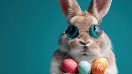 A fluffy bunny wearing stylish sunglasses is holding a variety of colorful Easter eggs in its paws. The vibrant blue background adds to the cheerful vibe of the scene.