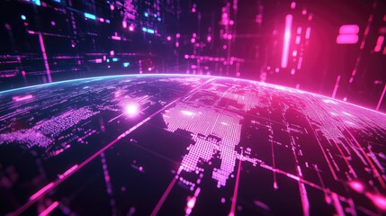 Glowing data stream forming a digital world map, illustrating global connectivity, international communication, and abstract technology concepts with vibrant lines and dots