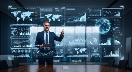 Businessman presenting global financial data analysis on a futuristic holographic interface in a modern boardroom setting