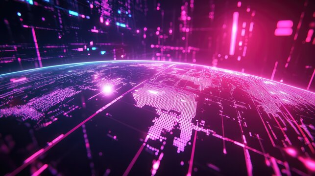 Glowing data stream forming a digital world map, illustrating global connectivity, international communication, and abstract technology concepts with vibrant lines and dots - Powered by Adobe